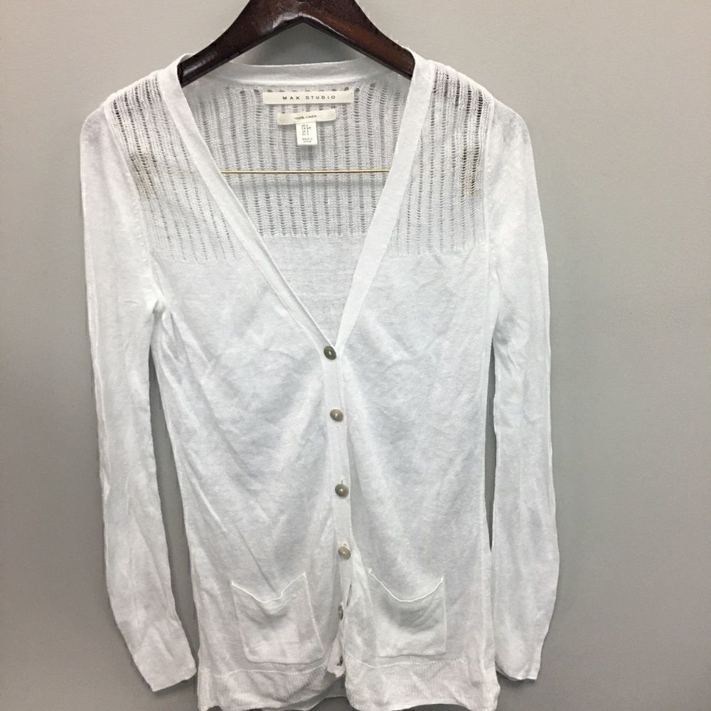 Max Studio | White Linen Button Front Cardigan | L